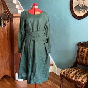 NWOT NicheLinen (like NPL) Green Long Sleeve Shift Dress Attached Ties Pockets M